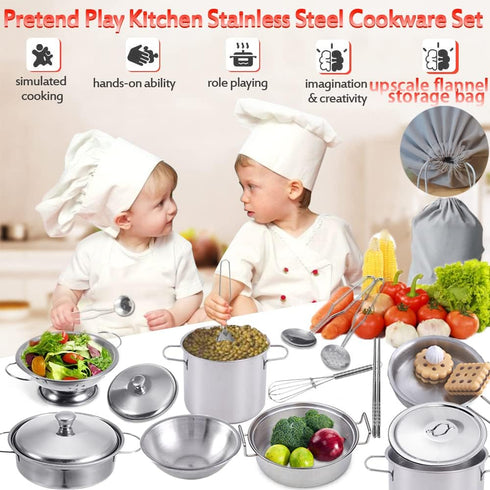 Mini Kids Stainless Steel Cookware Kitchen Toys - Pretend Utensils with Play Pots and Pans Set