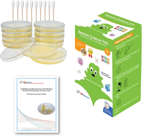 Bacteria Science Kit (IV) Gift Pack, Prepoured LB-Agar Plates and Cotton Swabs, Free Science Fair Project E-Book