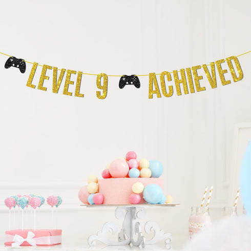Game on Level 9 Achieved Banner, Glittery Hanging Sign for 9th Birthday Party Decorations
