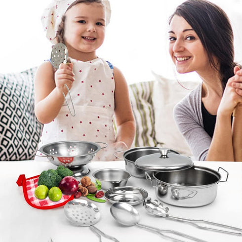 Kids Mini Cooking Toys Set - 11Pcs Pretend Play Kitchen Accessories with Stainless Steel Pots, Pans, and Utensils