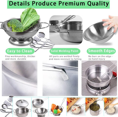 Mini Kids Stainless Steel Cookware Kitchen Toys - Pretend Utensils with Play Pots and Pans Set