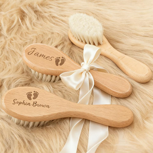 Set 3 Custom Engraved Wooden Baby Hair Brush and Comb - Pieces
