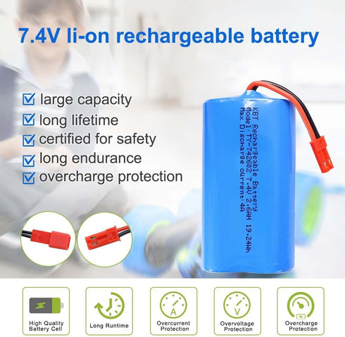KBT 7.4V 2600mAh Li-ion Rechargeable Battery Pack, Red JST-2P Plug for Electronics, Toys, and RC Vehicles
