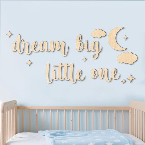 Nursery Wall Decor Dream Big Little One Wooden Sign, Boho Moon Stars