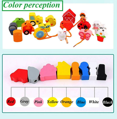 Lacing Farm Toy Wooden Block Set, Early Educational String & Lacing Beads Games for Toddlers Learning Play