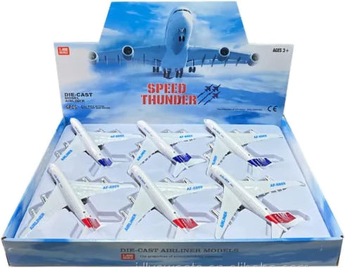 6 Pack: Commercial 7.2" A380 1:400 Diecast Airplane Toys, Big Model Airliners Planes with Lights and Sound - Pull Back