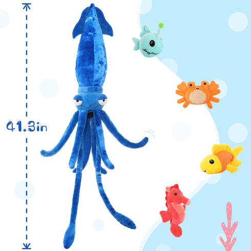 5Pcs 41.3" Giant Squid Stuffed Animal with Small Marine Clownfish,Crab, Seahorse, Angler Fish Baby Plush Toys, Adorable