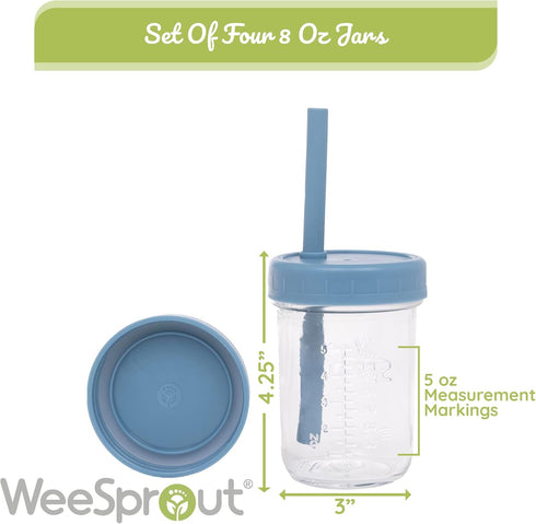 8 oz, Set 4 WeeSprout Glass Cups With Lids & Straws, Spill-Resistant Smoothie Cups for Toddlers & Kids, Baby Food