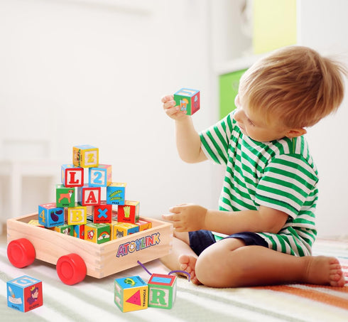 Atoylink ABC Wooden Building Blocks - 30 Pcs Alphabet & Number Stacking Toys with Storage Pull Toy Car for Toddlers 1-3