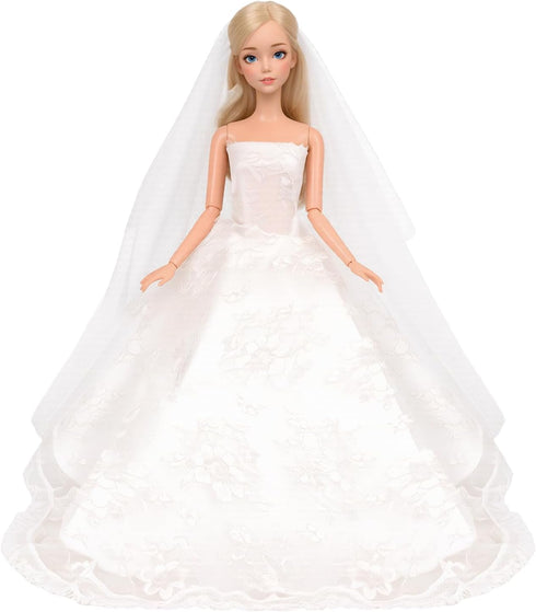 Set 11.5 Inch BARWA Wedding Dress with Veil White Princess Evening Party Clothes Wears Dress Outfit for Doll