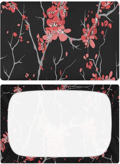 Red Cherry Blossoms Baby Crib Sheets for Boys Girls, Japanese Flower Breathable Soft Fitted Crib Playard Sheets Baby Mattress Sheet, S 39x27x5in by VIGTRO