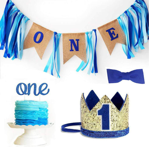 Burlap Baby Boy's 1st Birthday Decoration - Handmade Crown, High Chair Banner, Cake Topper, Tie