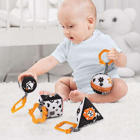 TUMAMA High Contrast Shapes Baby Toys, Black and White Stroller Toy for Car Seat, Plush Rattles for 0-12 Months (4