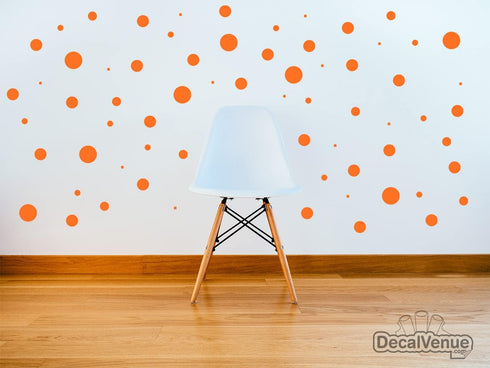 Set of 100 Orange Vinyl Wall Decals - Assorted Polka Dots Stickers - Removable Adhesive for Nursery Kids Room Decor