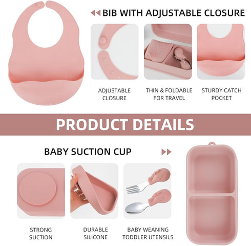 Set 316 6-Piece Travel Silicone Baby Feeding with Stainless Steel Spoon & Fork ,Silicone Suction Plates, Foldable Bib