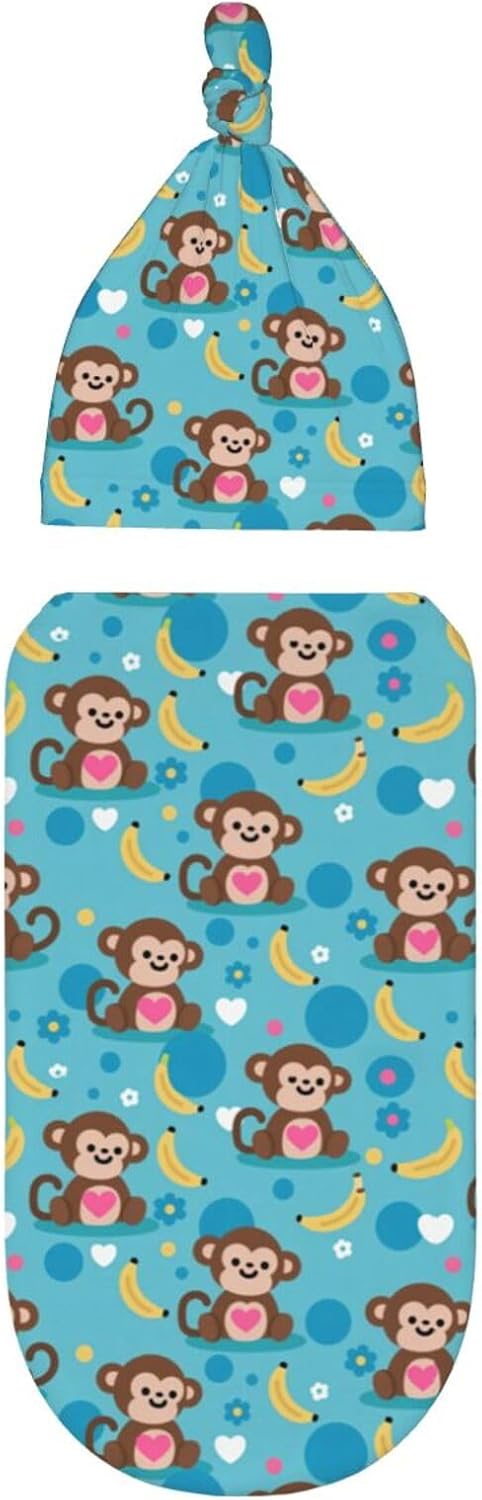 Nanyizly Set 0-6m Monkeys and Bananas Newborns Beanie Swaddle Blanket Baby Receiving Blankets for Infant Boy Girl