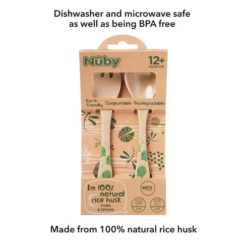 Nuby Rice Husk Spoon and Fork Set, 2-Piece Eco-Friendly Set, 100% Compostable and Biodegradable, 12+ Months
