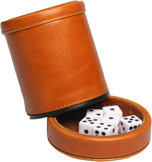Leatherette Dice Cup with Lid, includes 6 Dices, Velvet Interior for Liars Dice Farkle Yahtzee Games, Brown