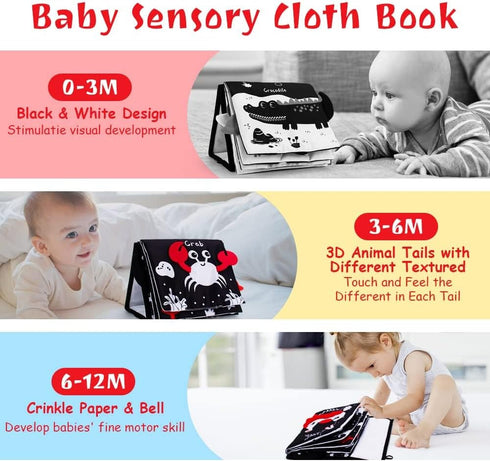 Tummy Time Mirror with Soft Book, Black and White High Contrast Baby Toys for Crawling
