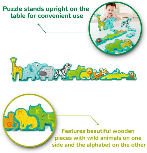 Hape Wooden Animal Parade Building Blocks Alphabet Puzzle and Playset - Educational Wooden Alphabet Puzzle for Children 3 Year and Up