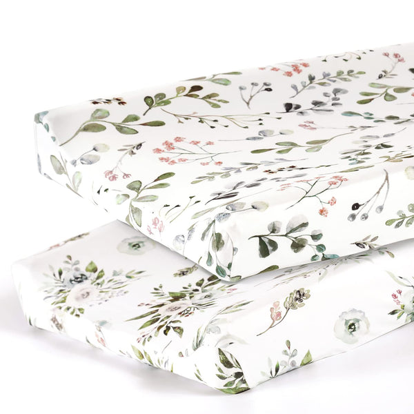 Stretch Ultra Soft Jersey Knit Changing Pad Cover Set 2 Pack, Stylish Watercolor Rose and Flora Pattern for Girls, Fit