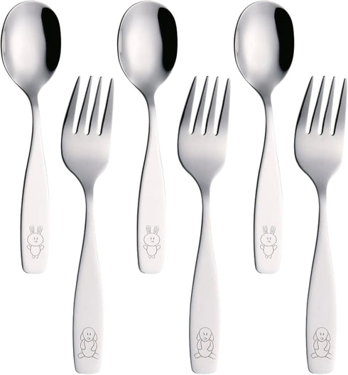 Exzact Children Flatware 6pcs, 3 x Forks, 3 x Spoons, Toddler Utensil Kids Silverware, Dishwasher Safe