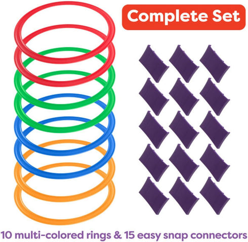 11-Inch 15 Set HEY! PLAY! Hopscotch Rings Game - Ten Plastic Rings and Connectors for Indoor and Outdoor Use - Play