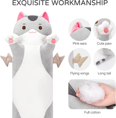 28” Long Cat Plush Body Pillow, Cute Soft Plushies, Kitten Throw Pillow Gift
