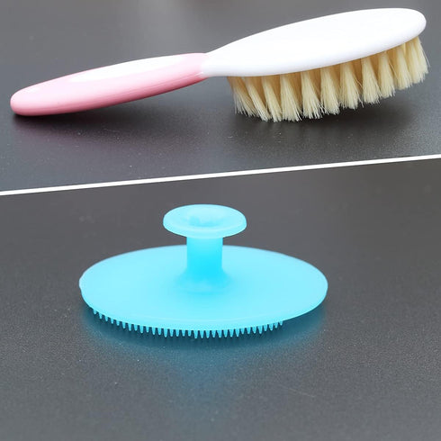 Baby Hair Brush & Silicone Cradle Cap Brush Set for Newborns & Toddlers, Natural Soft Goat Bristles, Pink