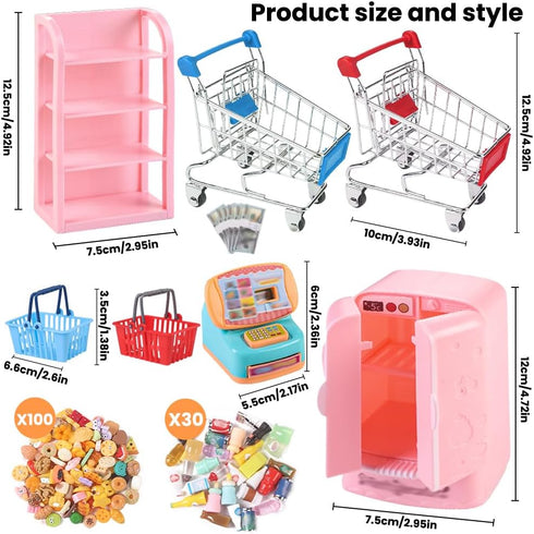 DULEFUN 143pcs Mini Shopping Cart Basket Miniature Food Drink Bottle Toys, Supermarket Shelve Metal Handcart Cash