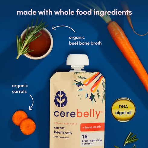 Cerebelly Organic Carrot Rosemary & Beef Bone Broth Puree, 4 oz Pouch (6 Pack) for 6+ Months