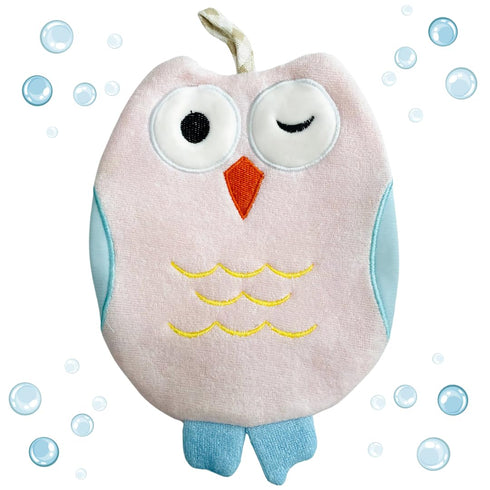 Olivia The Owl Washcloth - Animal Shape Cotton Mitt - Bath Glove for Kids - Cute Puppet Bath Glove (Pink, Blue)