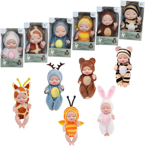 6 Pcs 4 Inch Mini Reborn Baby Dolls Toy Set - Realistic Baby Dolls with Cute Animal Clothes