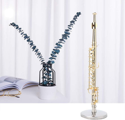 Miniature Flute, 11cm Gold Flute with Stand and Case, Copper Mini Musical Instrument for Dollhouse Decor
