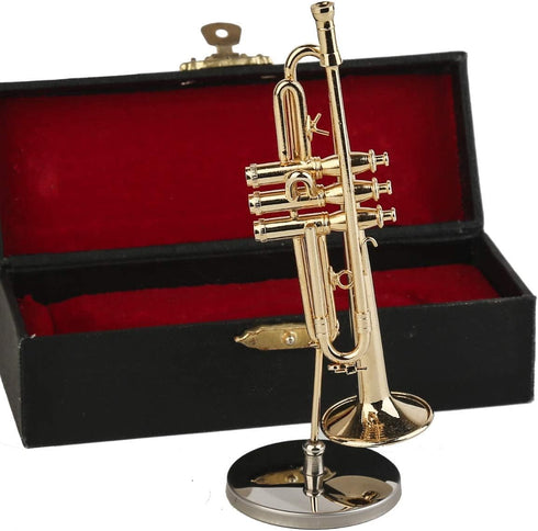 Dselvgvu Copper Miniature Trumpet with Stand and Case, Mini Musical Instrument for Dollhouse Model (4.65"x1.18")