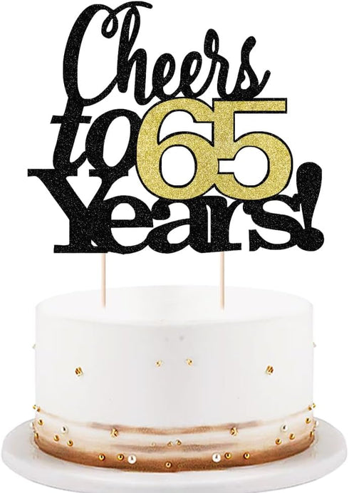 LVEUD Black Font Golden Numbers Cheers to 65 Years Happy Birthday Cake Topper for Wedding, Anniversary, Birthday Party