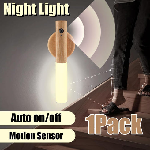 2-Pack Set, LANDGOO Magnetic Night Light with Motion Sensor, Ash Wood Cylindrical Rechargeable LED Lamp White Light
