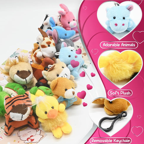 24PCS Small Stuffed Animals Plush Toys Set, Little Mini Animal Plush Toy Animals Keychain for Kids Easter Eggs Filler, Classroom School Exchange Prize, Valentines Day Gifts