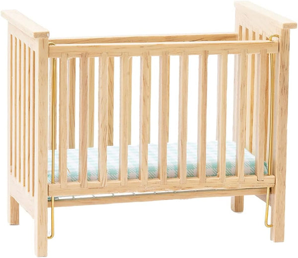 Miniature Oak Slatted Nursery Crib with Blue Fabric