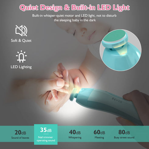 Baby Electric Nail Trimmer with LED Light, 10 Grinding Heads, Safe Electric Nail File for Newborns and Kids.