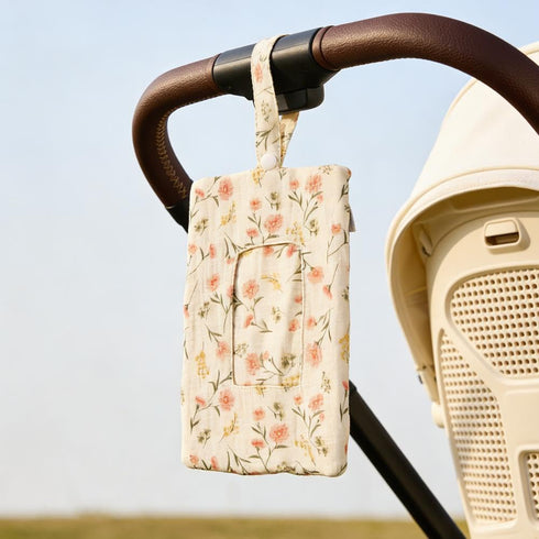 PLGEBR Mommy Portable Bag for Stroller,Refillable Floral Baby Wipe Holder Quilted Wipe Pouch with Lanyard for Travel