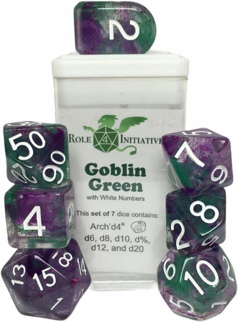 Polyhedral Dice - Green Goblin Arch'd 4's with White Numbers (7)