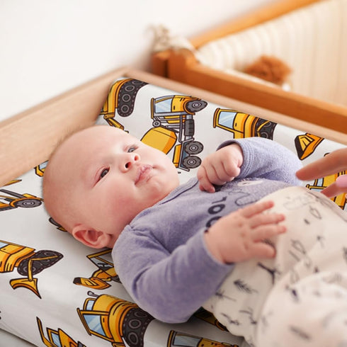 FIGEPO 4 Pack Set Baby Boy Changing Pad Covers Sheets Soft Fitted Baby Boy Mattress Covers Construction Truck