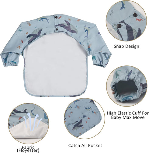 Waterproof Long Sleeve Bibs for Toddlers - Smock with Food Catcher Pocket for Easy Feeding