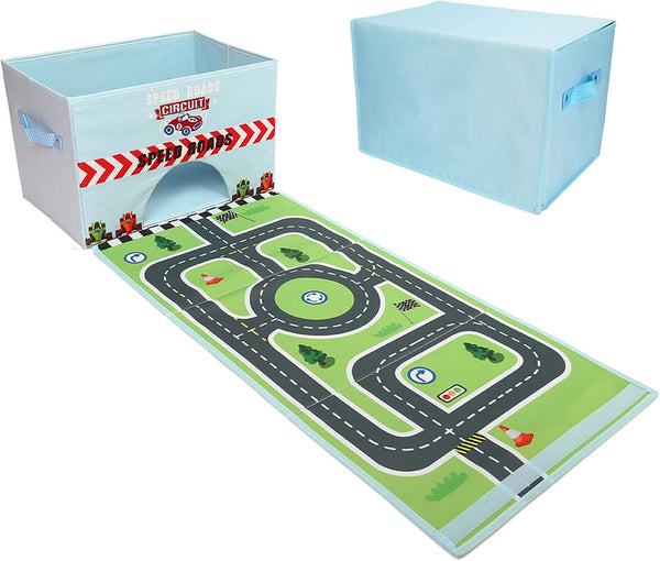 Livememory Toy Cars Garage Box, 2 in 1 Storage Box with Speed Roads for Car Toys, Sky Blue