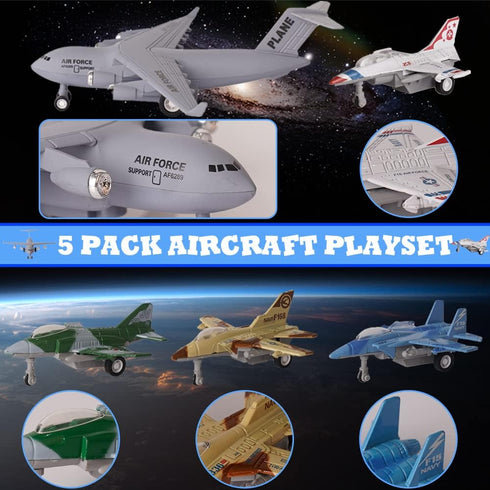 5 Pack Set 3+ Crelloci Army Airplane Toys Military Fighter Jet Die Cast Plane Metal Aircraft Toy, Pull Back Play