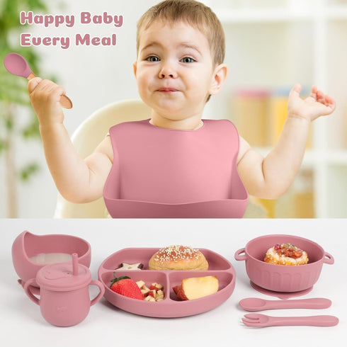 mraisebossup Set 15 Setpink Silicone Baby Feeding PcsBaby Spoons Suction Bowl Divided Plate Bib Cup Finger Brush Baby
