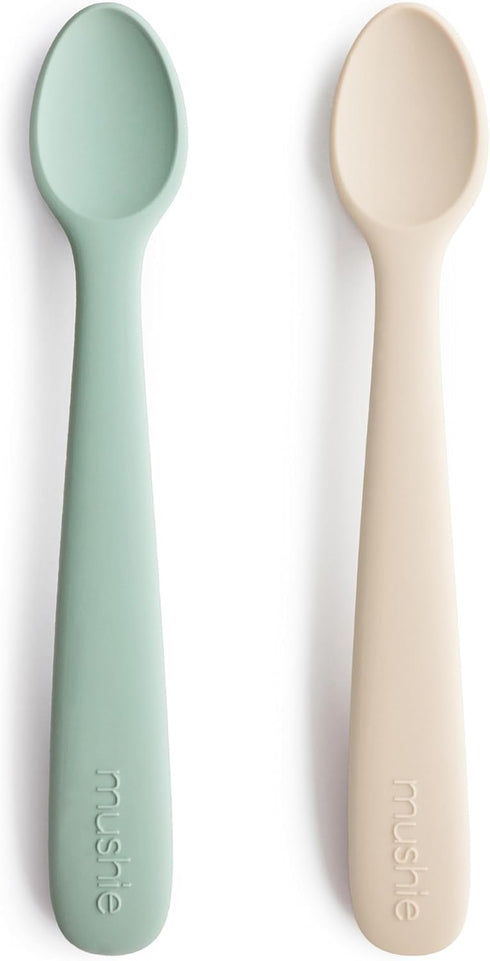mushie Silicone Baby Feeding Spoons, 2 Pack (Cambridge Blue/Shifting Sand)