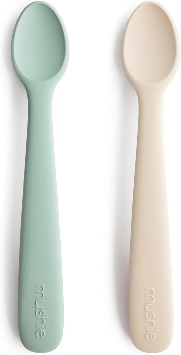 mushie Silicone Baby Feeding Spoons, 2 Pack (Cambridge Blue/Shifting Sand)