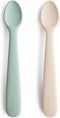 mushie Silicone Baby Feeding Spoons, 2 Pack (Cambridge Blue/Shifting Sand)